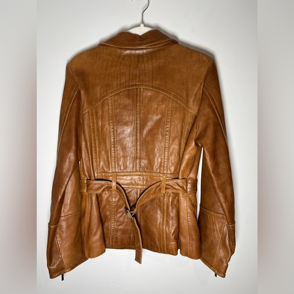 Vintage Anne Klein Longer Line Camel Faux Belted Leather Jacket Sz M - Picture 11 of 15